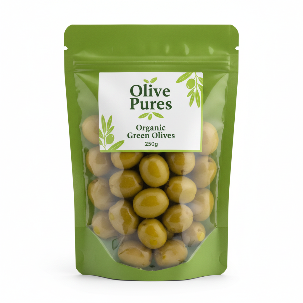 Olive Pures organic green olives in a 250 g size