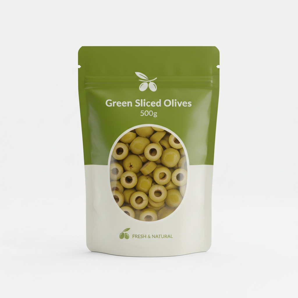 Olive Pures organic green sliced olives in a 500 g size